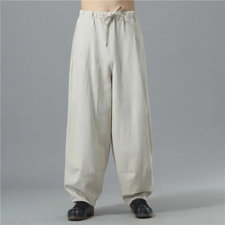 Men's Summer Loose-Fit Cotton Linen Wide-Leg Elastic Waist Sports Pants