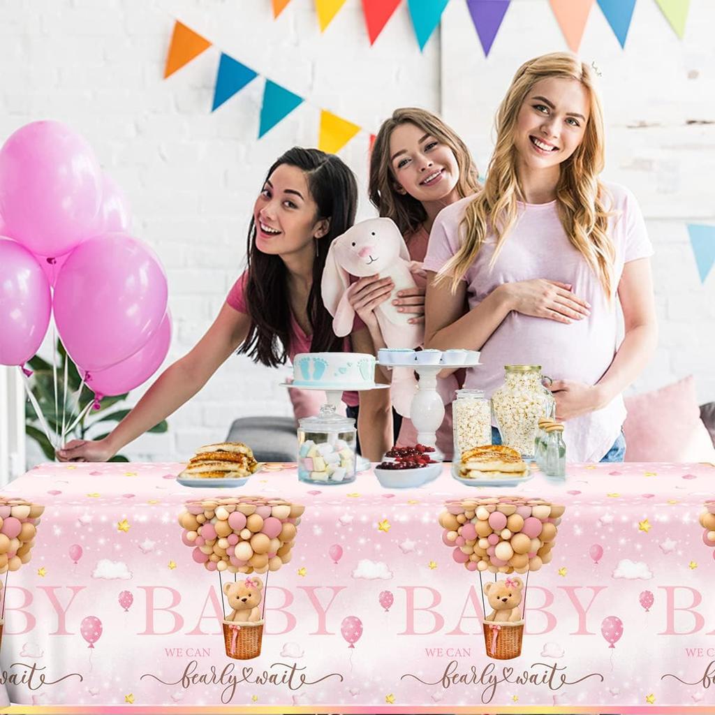 Bear Baby Shower Decorations,3pcs Pink Teddy Bear Baby Shower Tablecloths Bear Tablecloth Plastic Bear Baby Girl Table Covers for Girl Gender Reveal