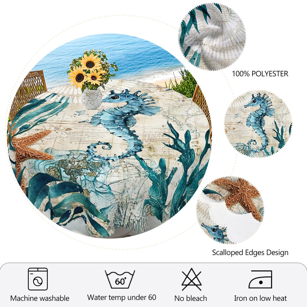 1 Piece Of Summer Retro Ocean Theme Printed Tablecloth, Seahorse, Seaweed, Starfish Pattern Design, Suitable For Spring And Summer Camping Style Picni