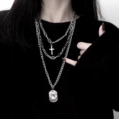 3 Stück Unisex Eingelegter Punk Kreuz Rechteck Anhänger Schlüsselbeinkette Halskette AVE