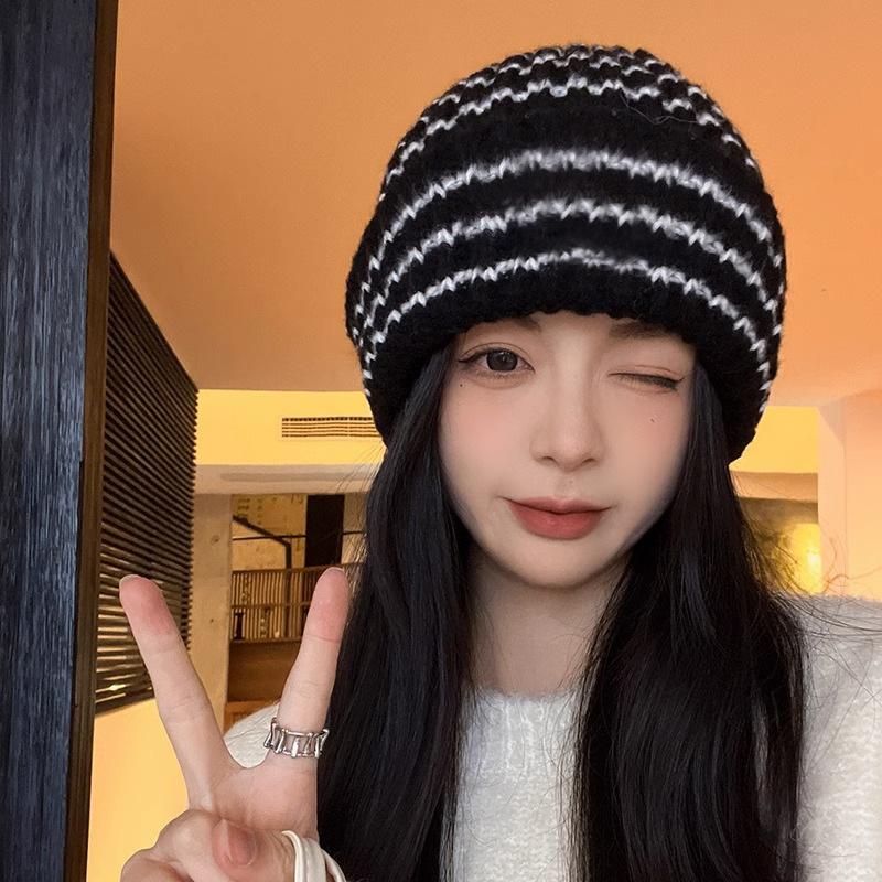 Japanese style Striped Letter Loose Large Headed Woolen Cap Warm and Versatile for Children In Autumn and Winter  Knitted Cap Pile Cap for Men