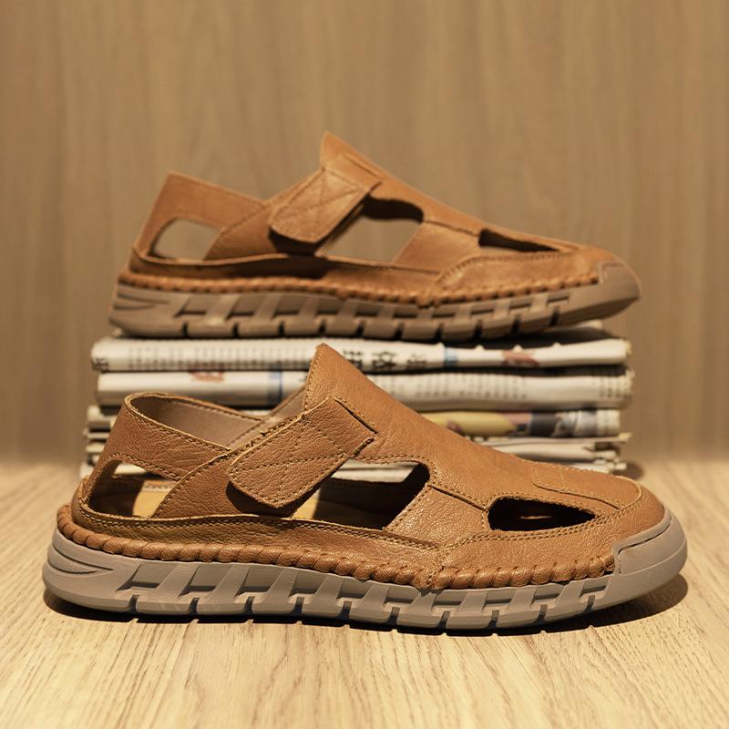 

Sandals men s explosive summer leather breathable fashion versatile hollow casual driving dual-purpose outdoor beach shoes 44 хакі