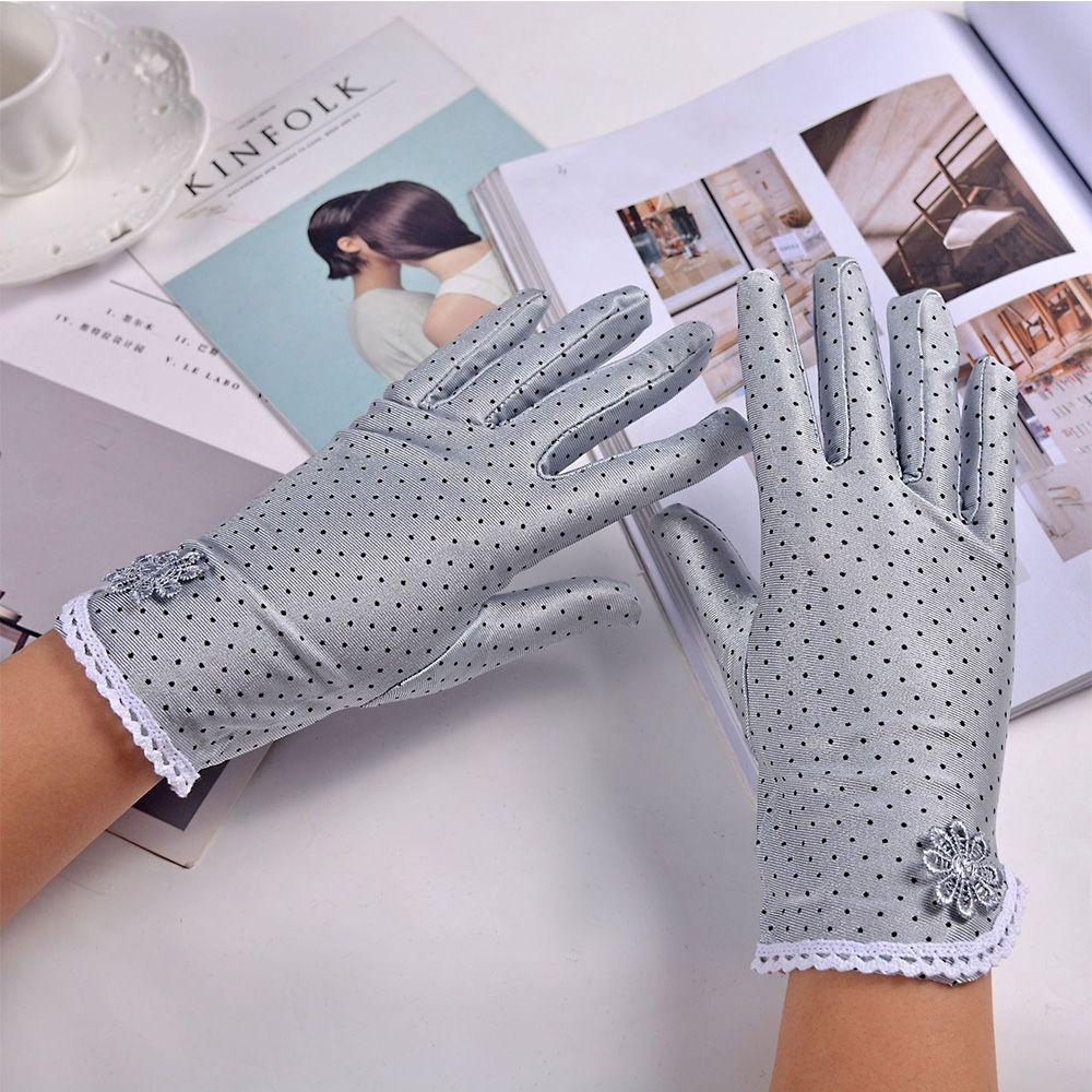 

Этикет 1 пара спандекс анти-УФ дышащие кружевные женские перчатки водительские перчатки в горошек перчатки солнцезащитный крем серый