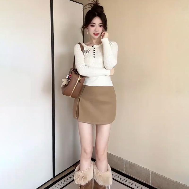 

Women s Gray Wool Blend High-Waist Slimming A-line Short Skirt Pants - Winter 2026 Trendy Hip-Hugging Design XL хаки