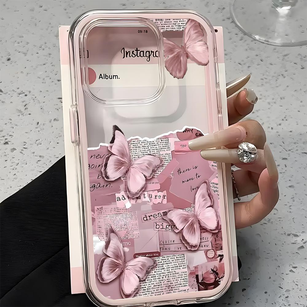 Pink Butterfly Collage Pattern Clear Phone Case For iPhone 11 12 13 14 15 16 17 Pro Max Air Plus 2 In 1 Candy Color Soft Cover