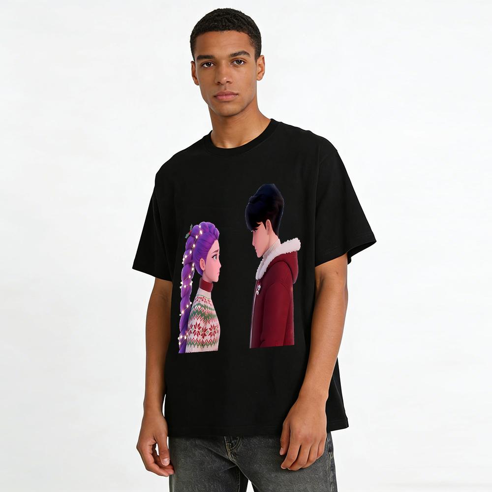 Christmas Themed CP Print Top, Casual Base Shirt with Purple-haired Girl & Black-haired Boy Pattern Pure Cotton T-shirt