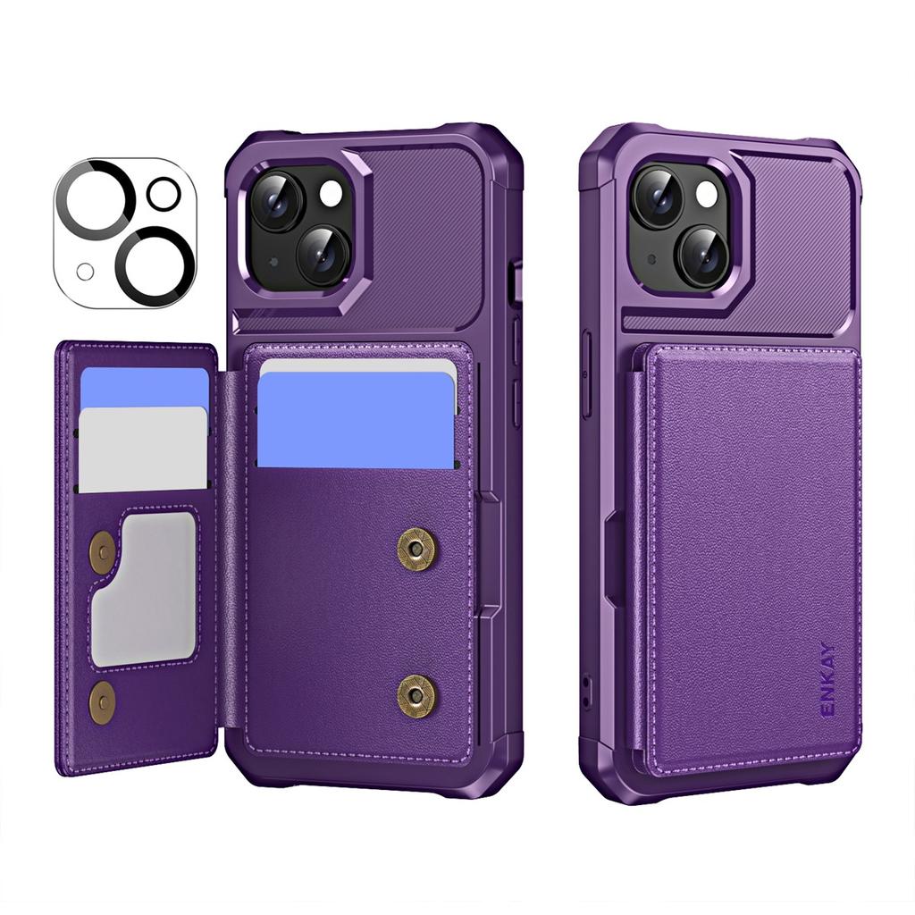 For iPhone 14 ENKAY Hat-Prince Wallet Card Slot Kickstand PU Leather +TPU Back Phone Cover with Camera Lens Film