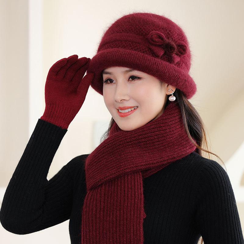 Fleece Warm Knitted Rabbit Fur Hat Women Autumn and Winter Cold Gloves Scarf Basin Hat Tide Elderly