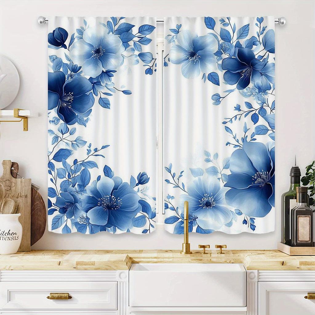 Piece Set Fresh Blue Floral Print Curtains Polyester Fabric Suitable Bedroom Living Room Decoration Made Of Sitting Window Treatment