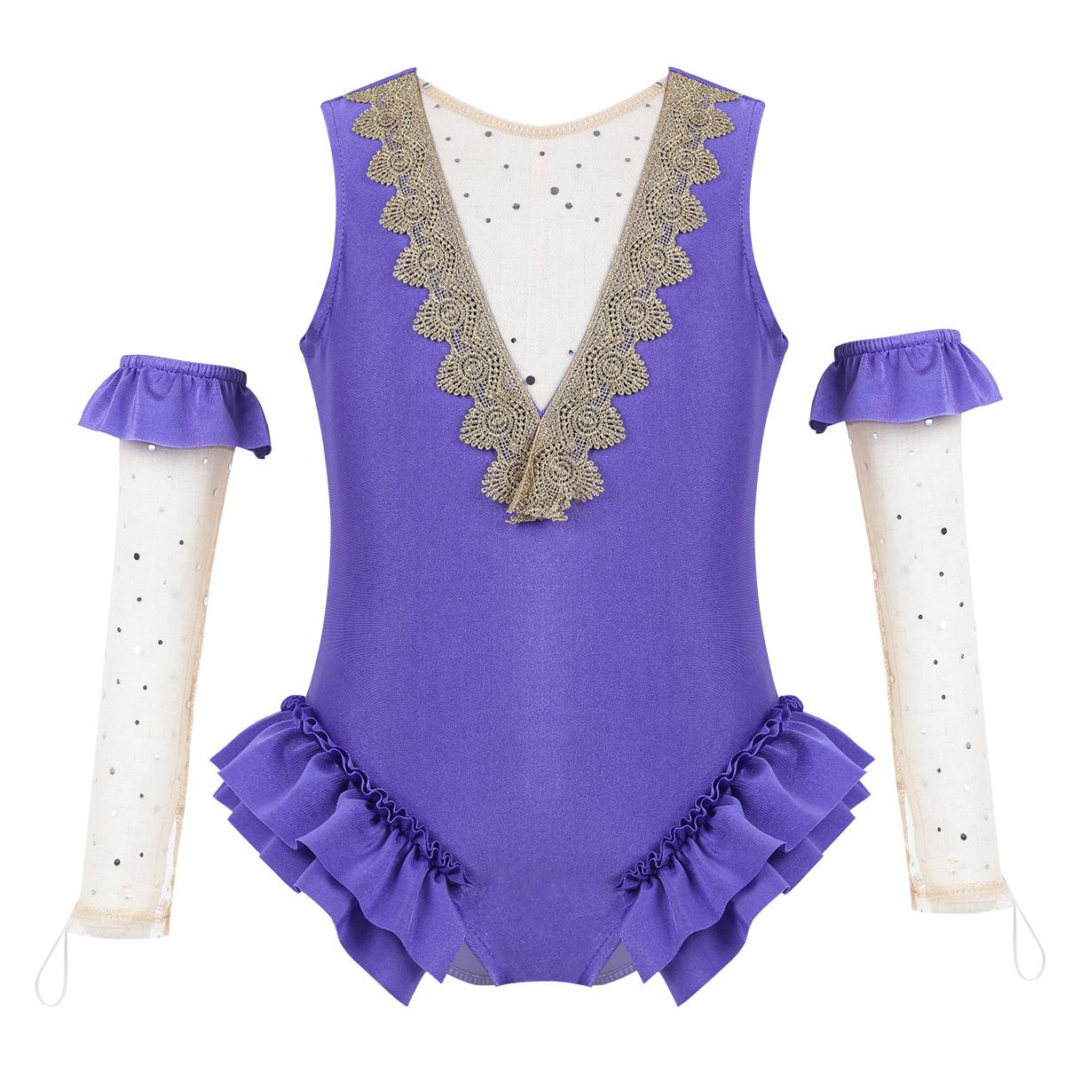 

Girls Showman Costume Sleeveless Mesh Splice V Shape Back Leotard Attachable Arm Sleeves 13-14 Years