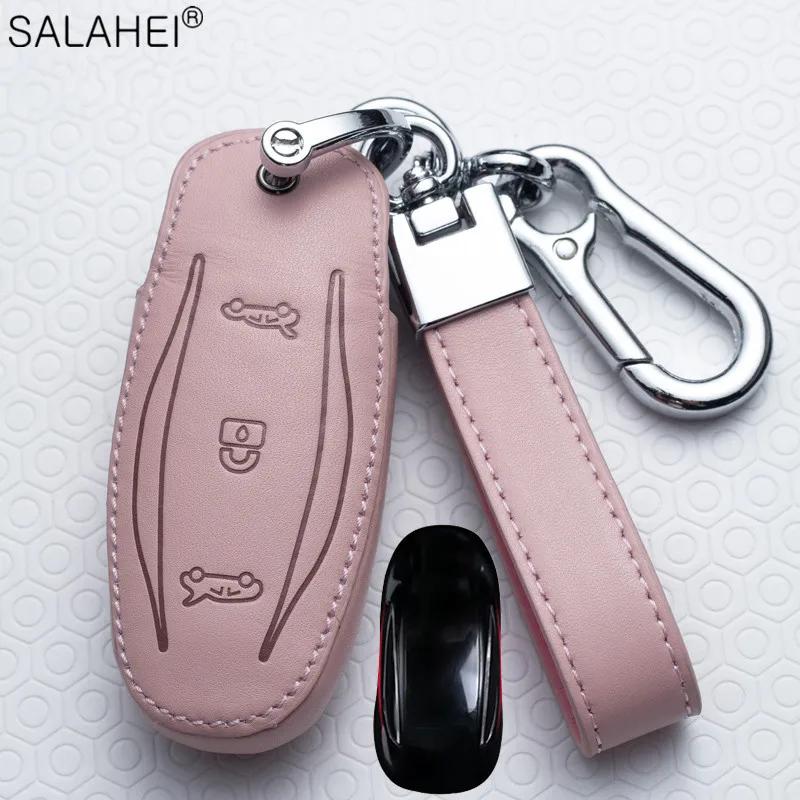 Leather Car Remote Key Fob Case Cover For Tesla Model X Model S Model 3 Car-Styling Protection Holder Shell Keychain Accessories