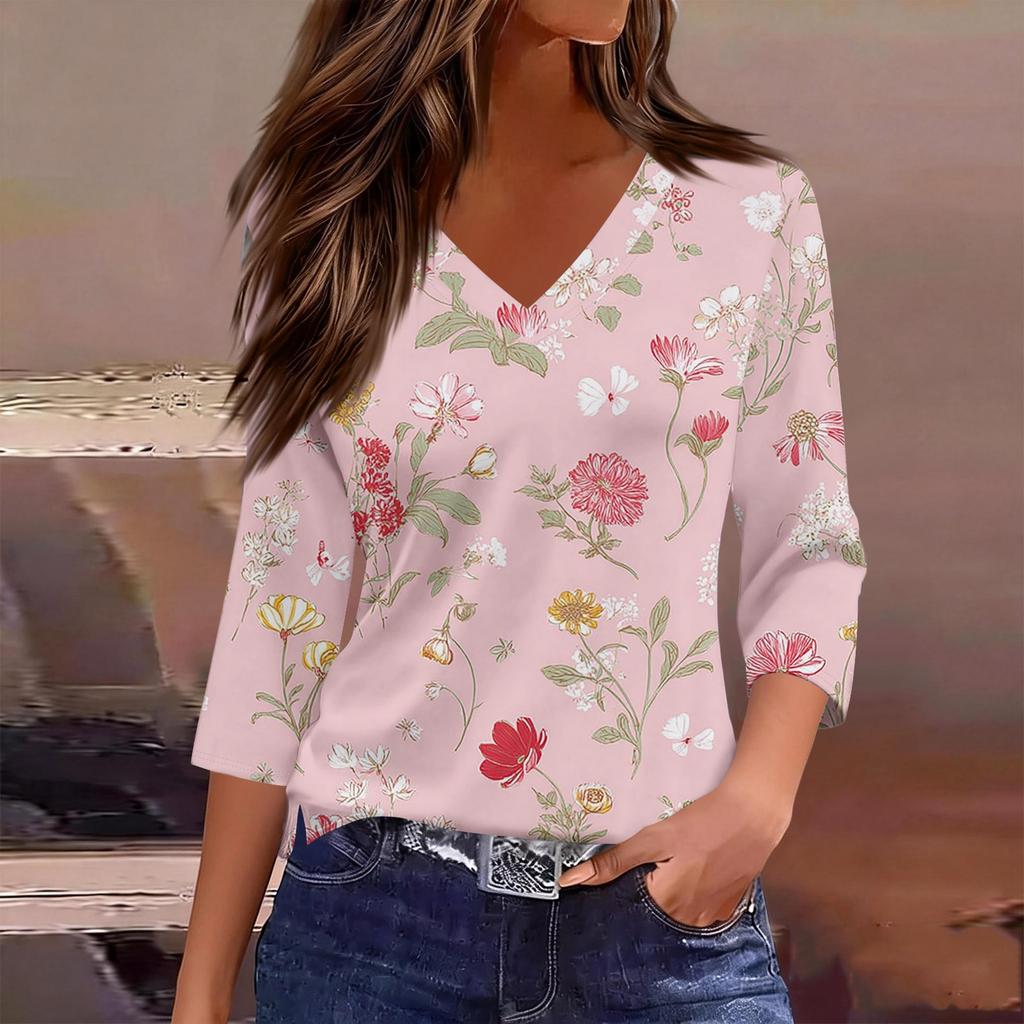 Women’s V Neck 3/4 Sleeve Blouse with Large Floral Print Relaxed Fit Lightweight Casual Top for Daily Wear