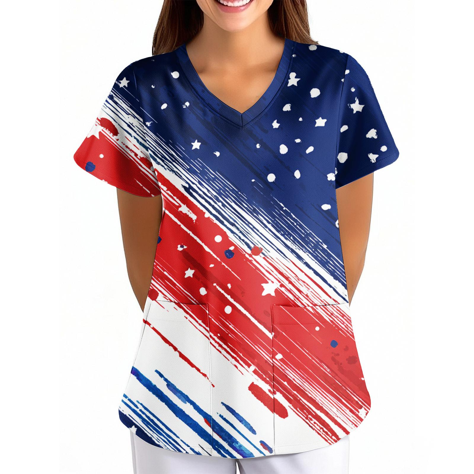 

Women s Independence Day Printed Loose V-Neck Pocket Short-Sleeved Clothing XL