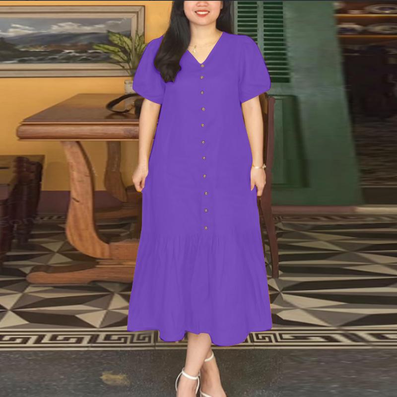 ZANZEA Women Summer V-Neck Solid Color Loose Short Sleeve Dress