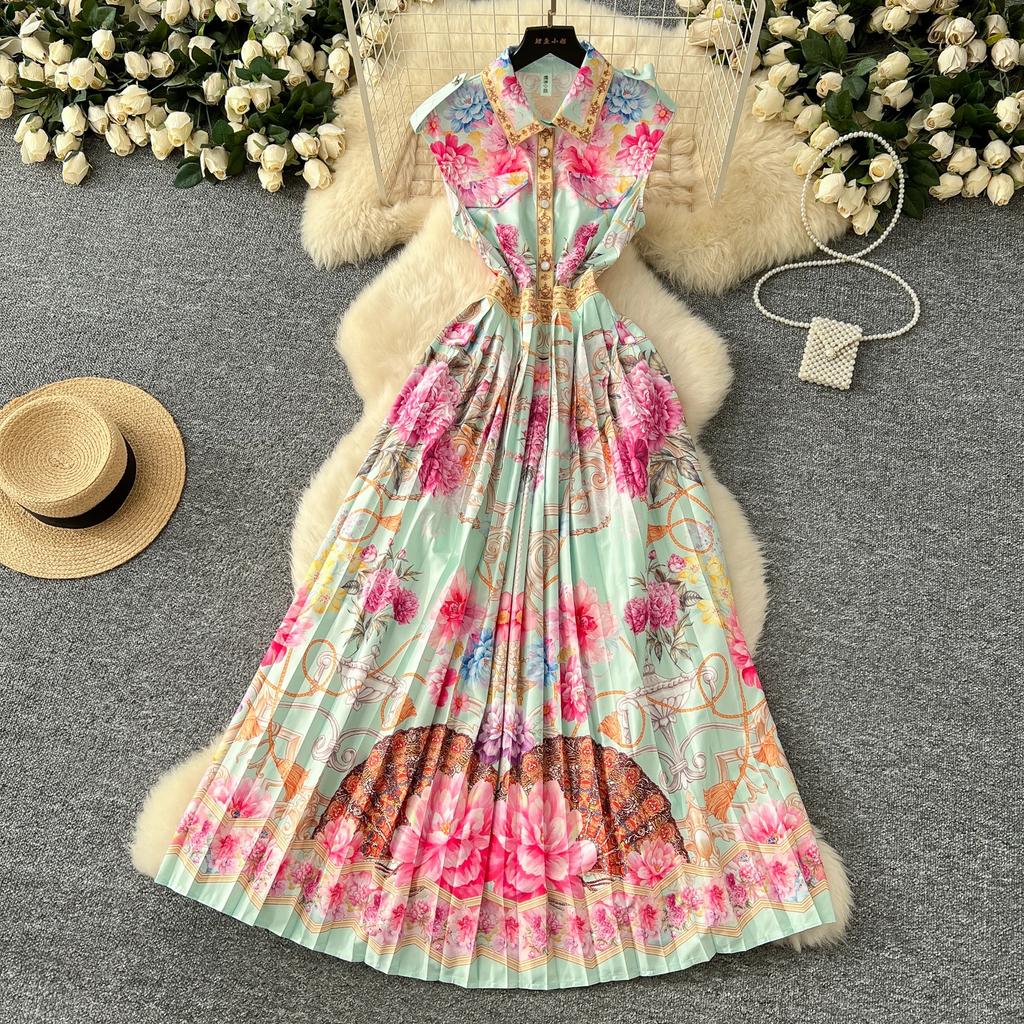 France Elegant Vintage Slim Evening Dress Women Print Button Pleated Long Party Dress Female Casual Chic Holiday Clothing New