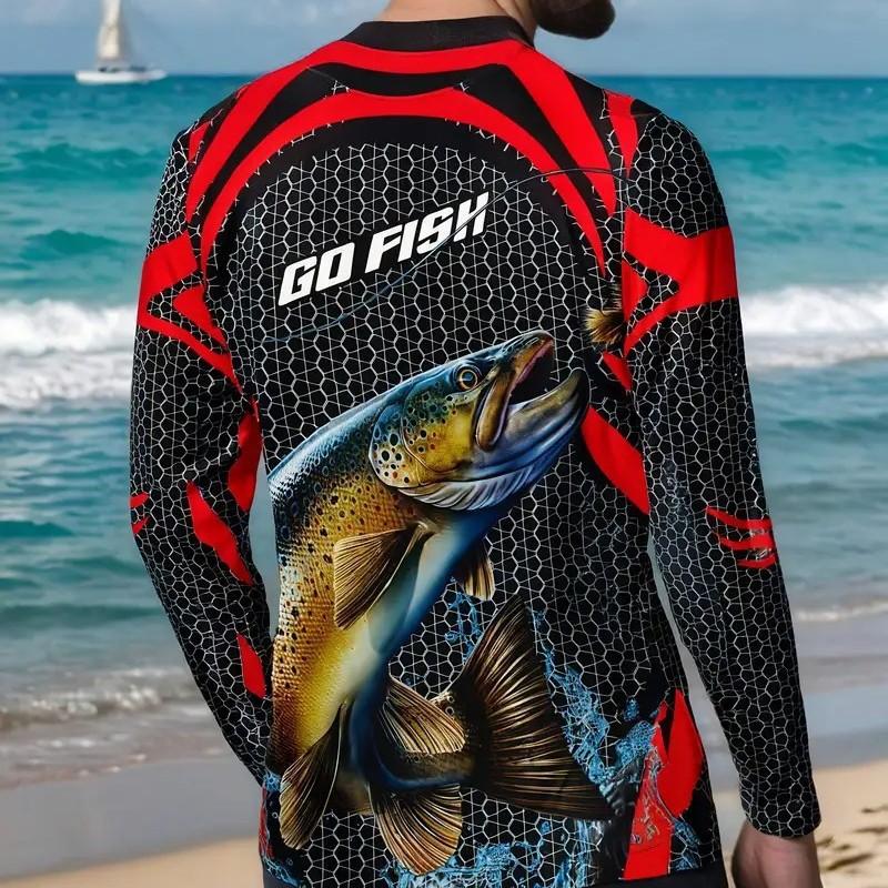 Mens Long Sleeve Quick-Dry UV Protection Shirt With Fish Print Hiking Outdoor Activities