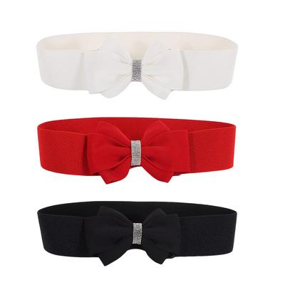 Adjustable Buckle Women's Elastic Wide Belt Plus Size Solid Color Bowknot Waistband Rhinestone Stretch Belt for Dress Jeans