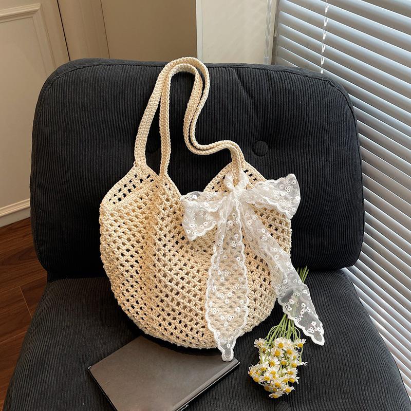 

Yogodlns Женская вязаная сумка-тоут Модная вязаная сумка большой вместимости Плетеные сумки через плечо Однотонная простая сумка для покупок для лета и пляжа 38x2x29cm бежевый