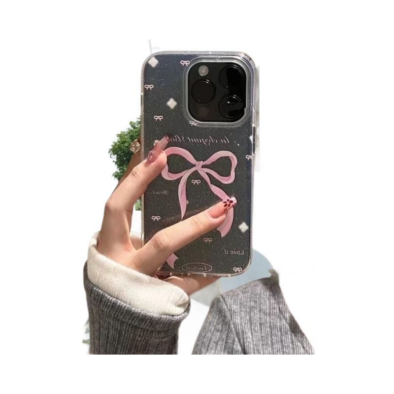 Pink bow in English is suitable for Apple 16 mobile phone case 15promax glitter soft case 14 15 large holes XS simple.