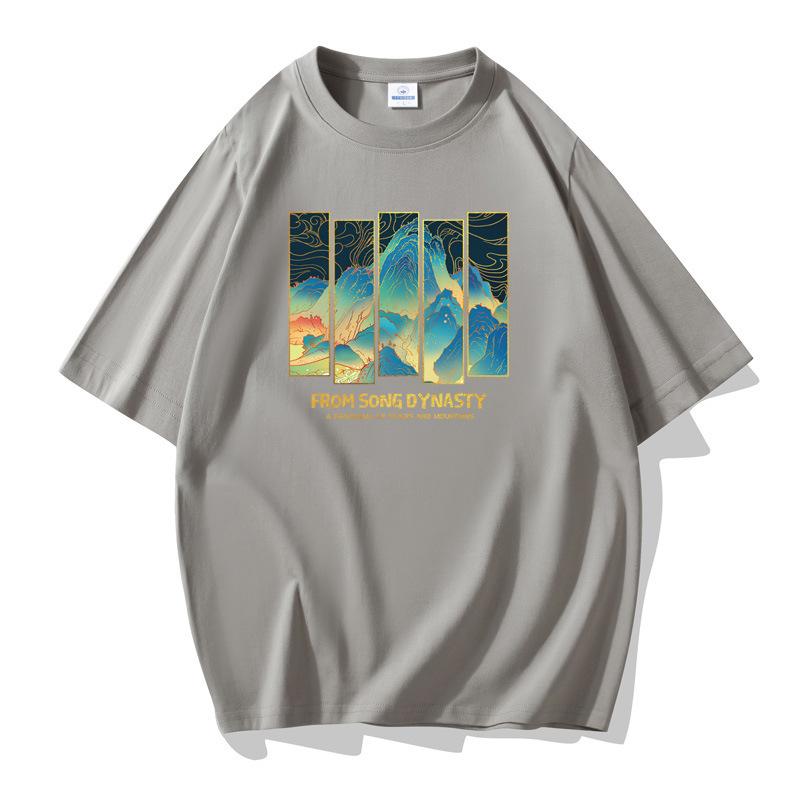 Landscape Painting Men Short Sleeves Cotton T-shirt Large Size Loose Tee