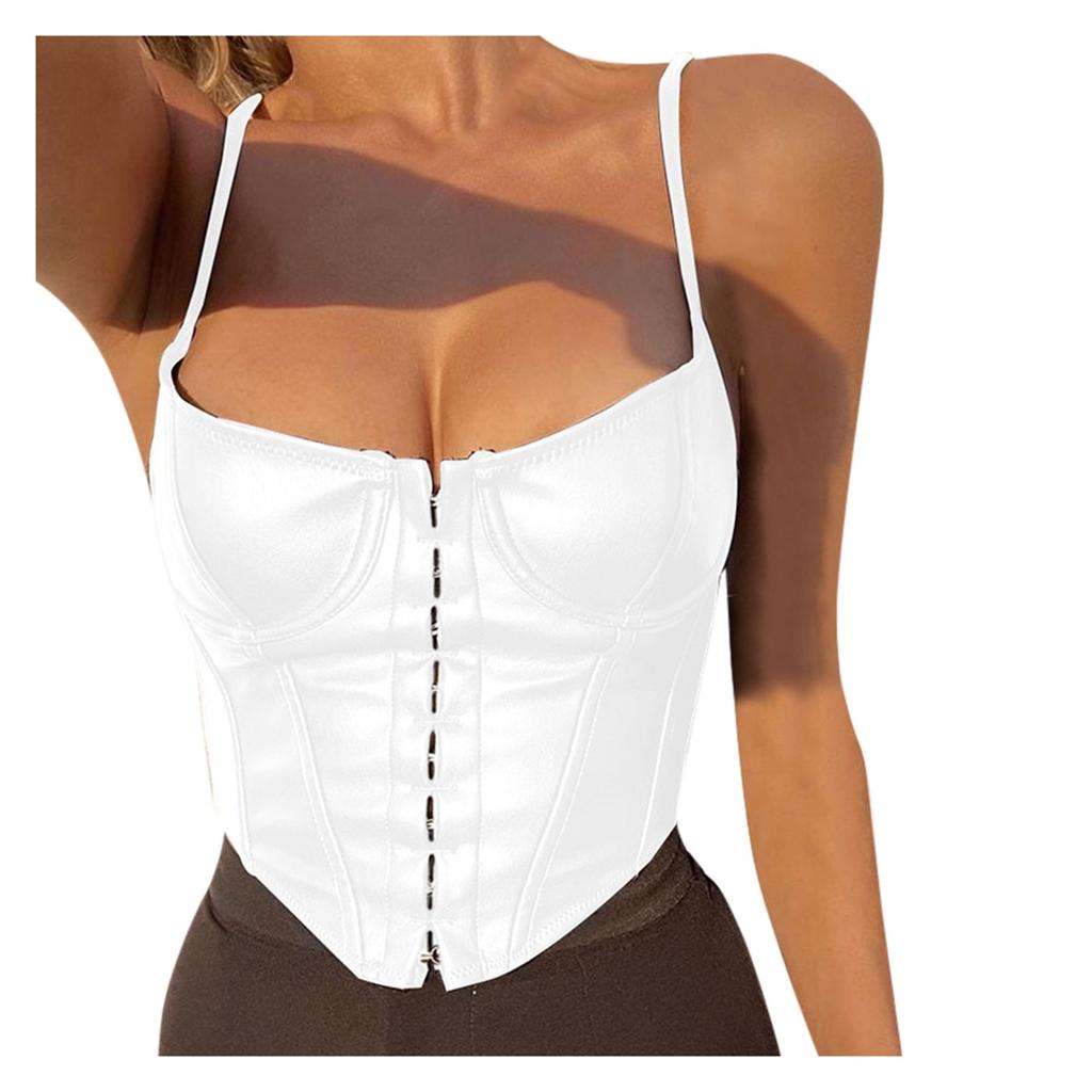 Women’s Fitted U Neck Sleeveless Faux Leather Bustier Top with Adjustable Spaghetti Straps and Front Closure for Stylish Outfits