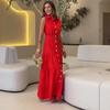 Elegant Sleeveless Polo Collar Multi-button Tie-up Dress