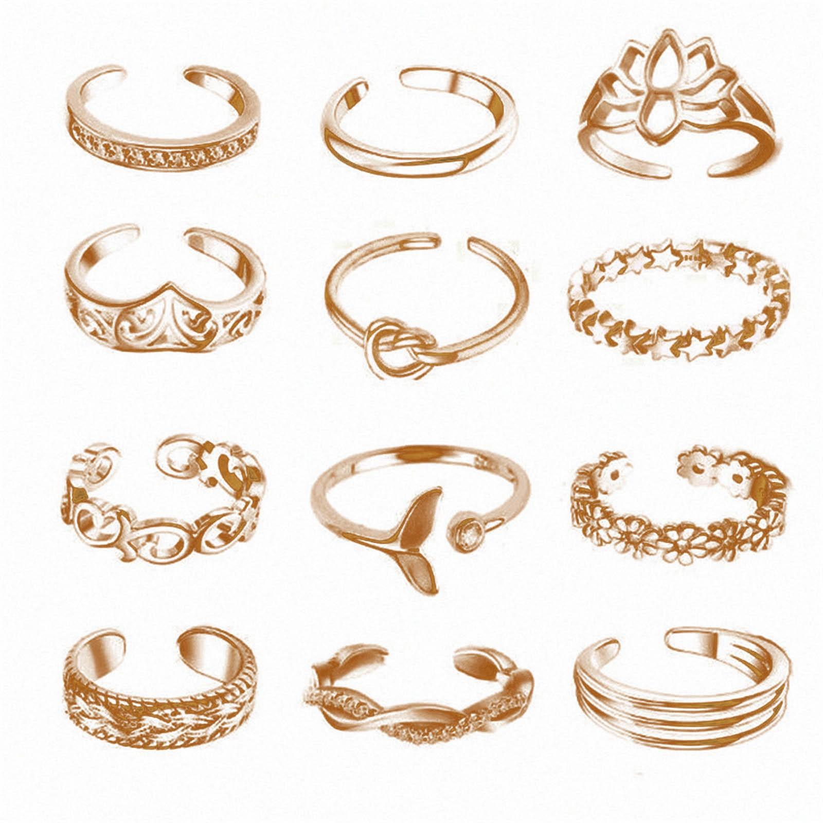 

12PCS Adjustable Toe Rings For Women Flower Open Tail Ring Women Beach Foot Jewelry Set One Size золотой