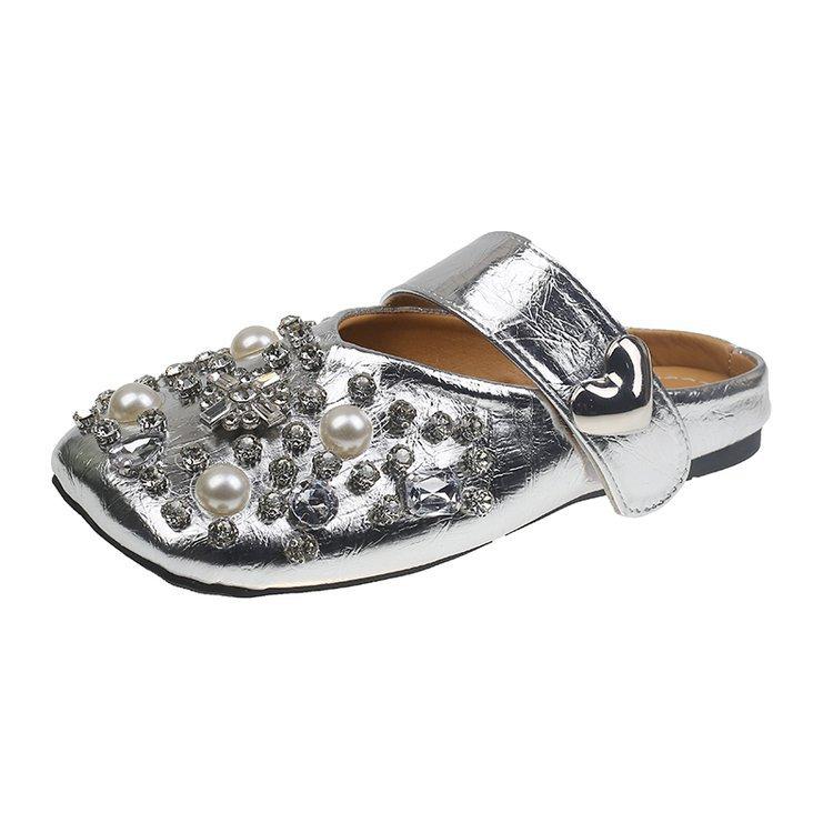 Baotou Half Slippers Women's Outer Wear 2025 New Summer Sandals Flat Bottom Mary Jane Rhinestone Retro Ins Shoes