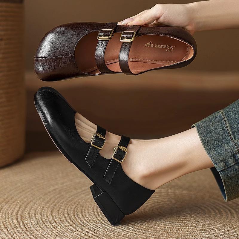 Spring and autumn new retro cowhide single shoes women's non-slip soft sole thick heel small leather shoes square head Mary Jane shoes women