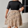 Summer Women's Dress Large Size Dresses Spliced V-neck Short Sleeve Strappy Pleated Dress