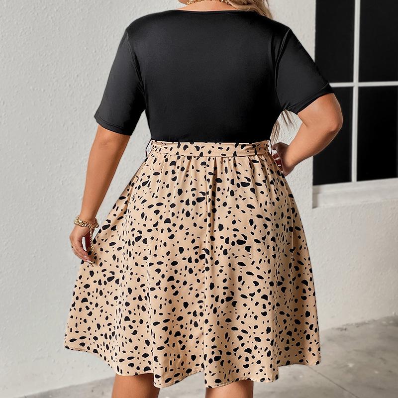 Summer Women's Dress Large Size Dresses Spliced V-neck Short Sleeve Strappy Pleated Dress
