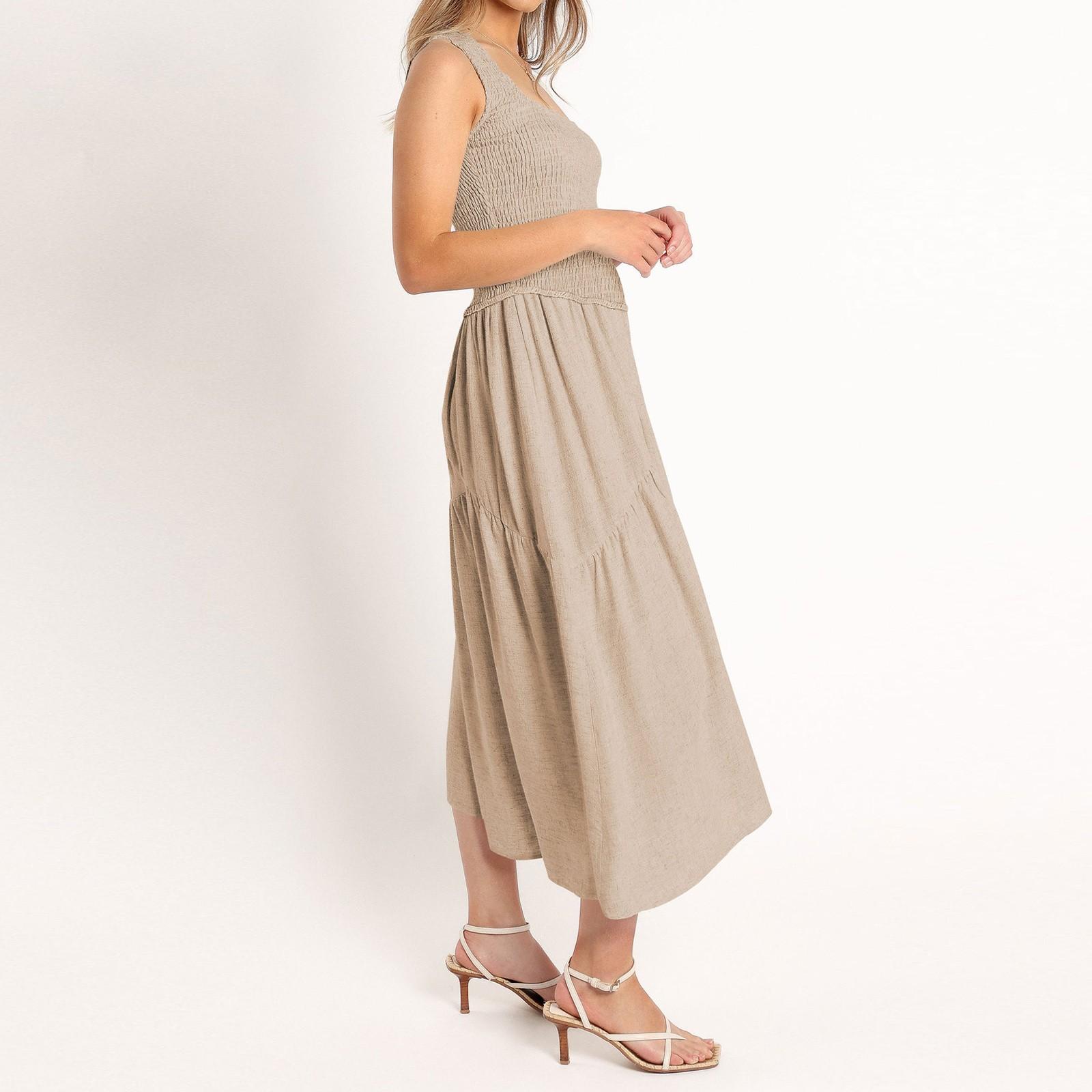 

Сексуальное однотонное повседневное платье для отпуска без рукавов с открытой спиной и U-образным вырезом XL бежевый