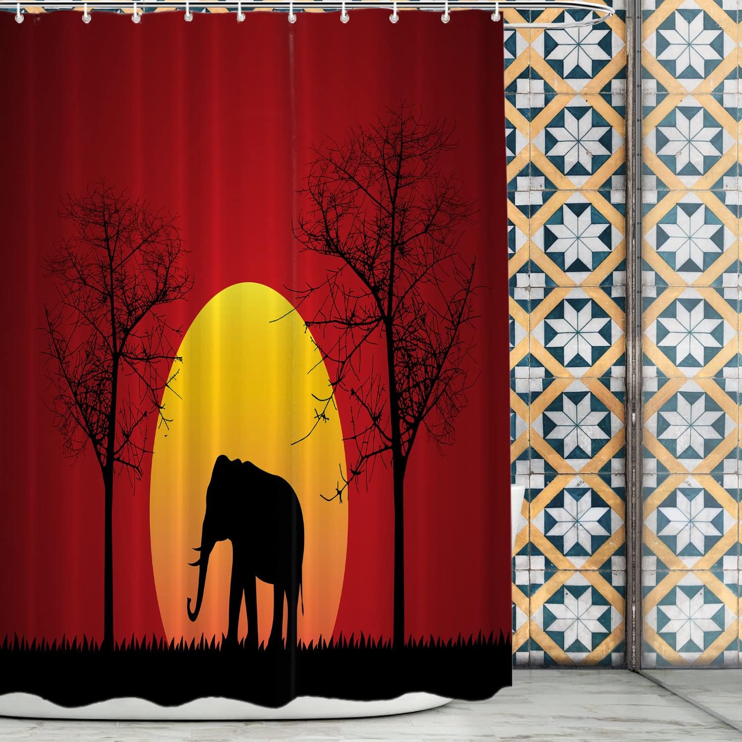 Elephant Silhouette Shower Curtain African Safari Sunset Design Red Yellow Background Wildlife Art Bath Decor Waterproof Fabric W60H190(CM)-1 Pcs