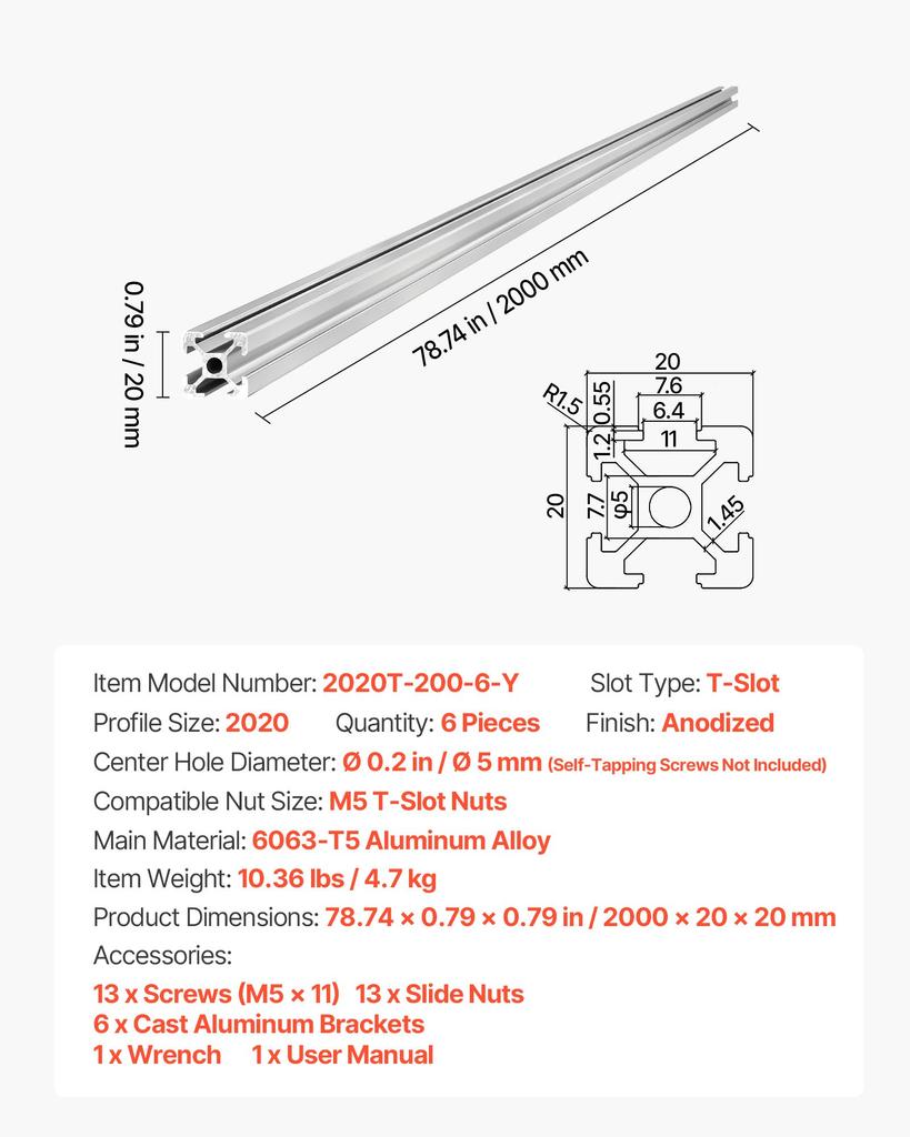 VEVOR 6PCS 2020 Aluminum Extrusion Profile, 78.74 Inch 2000 mm, T Slot European Standard Anodized Linear Rail, High-Strength Extruded Aluminum Rail