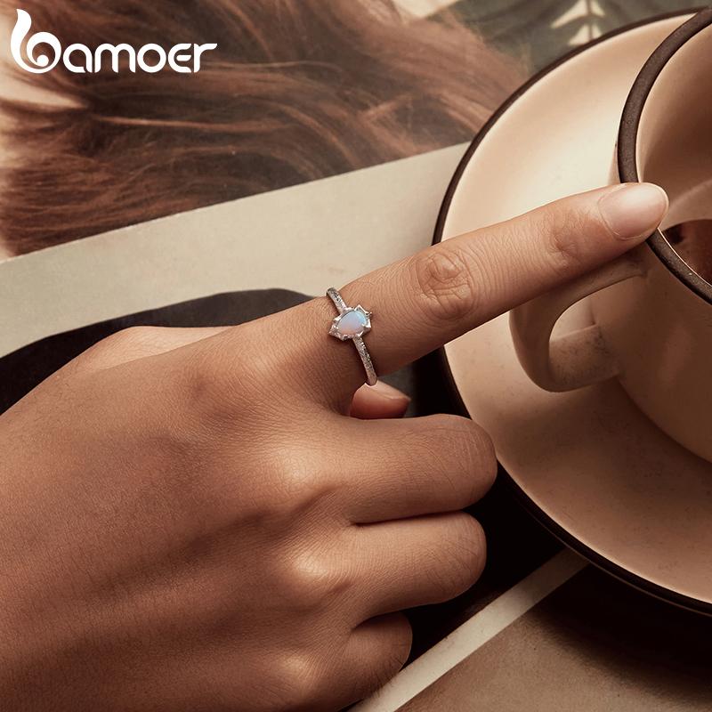 BAMOER 925 Sterling Silver Aurora Opal Solitaire Ring, Gold Plated Adjustable Finger Rings Dainty Chic Jewelry