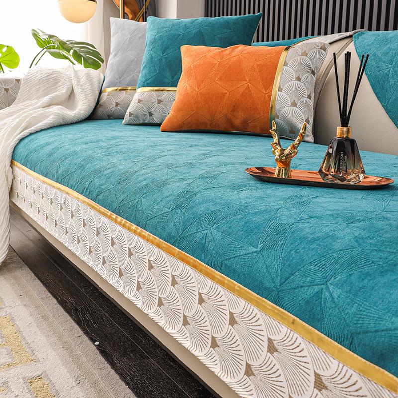 

Luxury Chenille Sofa Cover 1/2/3/4 Seater Arm Chair Slipcover Patchwork Gold Strap Furniture Protector Non Slip for All-season 70x70cm 1pc