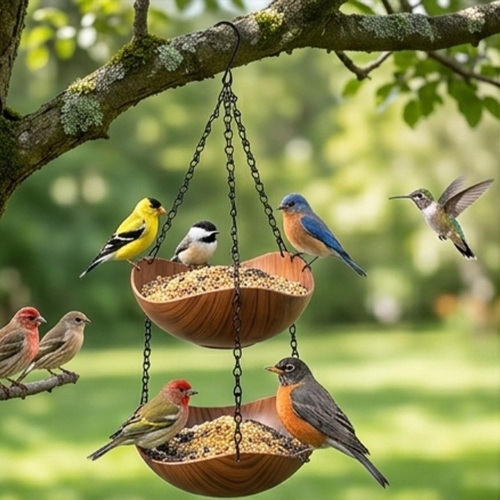 Bowl-shaped Hanging Bird Feeder Double Layer Animals Drinking Tray Garden