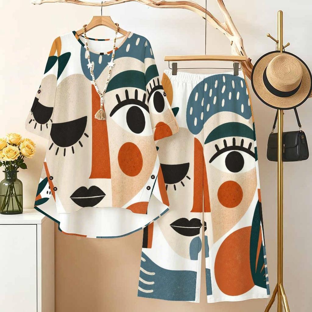 Women Plus Size Round Neck 3 4 Sleeve Printed High Low Top Long Pants Two Piece Set