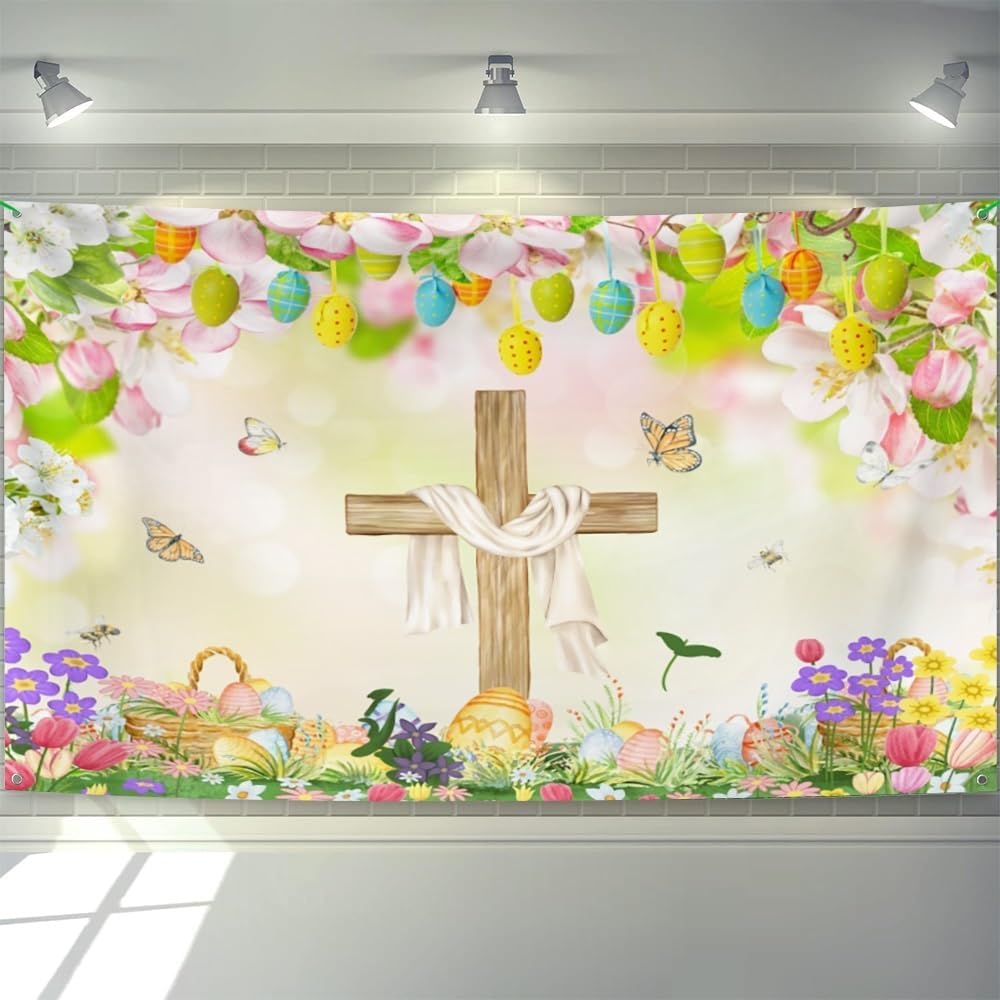 

7x16ft Happy Easter Garage Door Cover Jesus Resurrection Backdrop Spring Easter Eggs Cross Garage Banner Photo Backdrop Easter Decor Church Easter 7x16ft