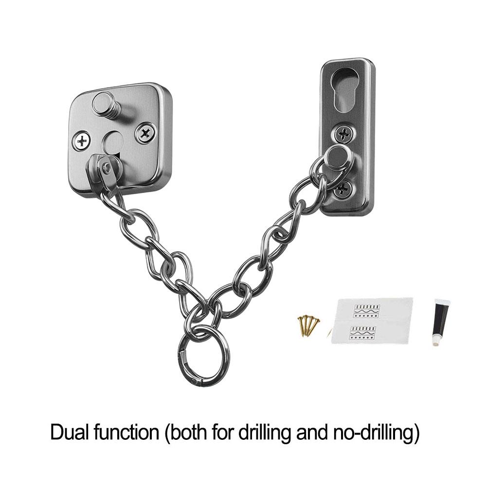 

Polished stainless steel door chain lock with door bolt and inclusive installation accessories for home security срібний