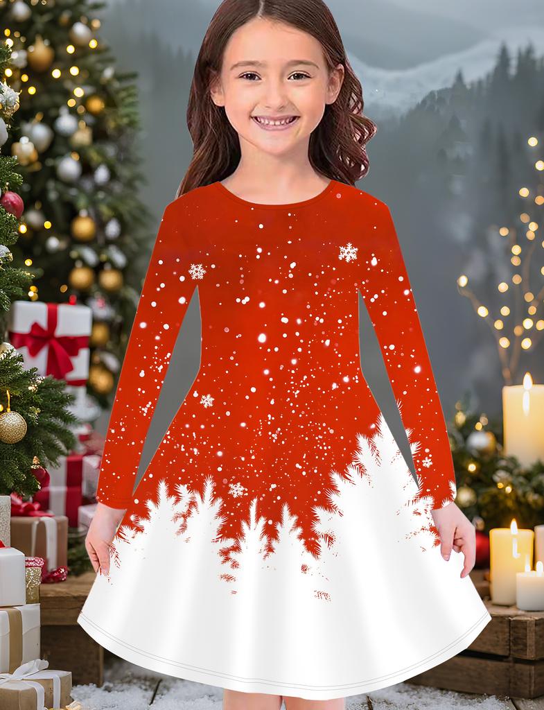 Abito alla moda autunnale e invernale da bambina, stampa natalizia 3D, girocollo, maniche lunghe, abito a T-shirt lungo da bambino, casual versatile, abbigliamento natalizio