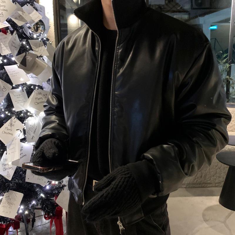 Short Pu Leather Cotton Coat Men's Winter Warm Stand Collar Coat Korean Style Trendy Cotton Coat