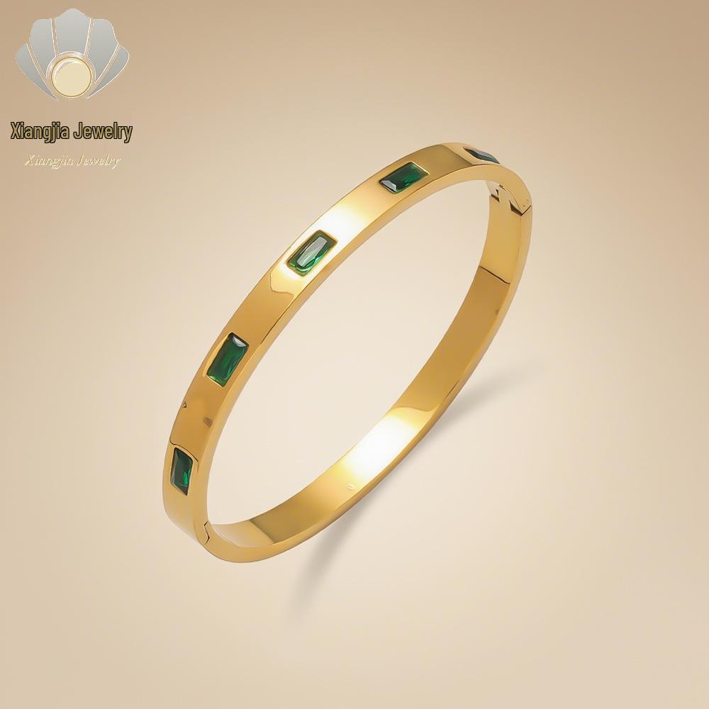 Emerald Cut Cubic Zirconia Titanium Steel Bracelet - Women's Fashionable European & American INS Style, Light Luxury High-End Jewelry