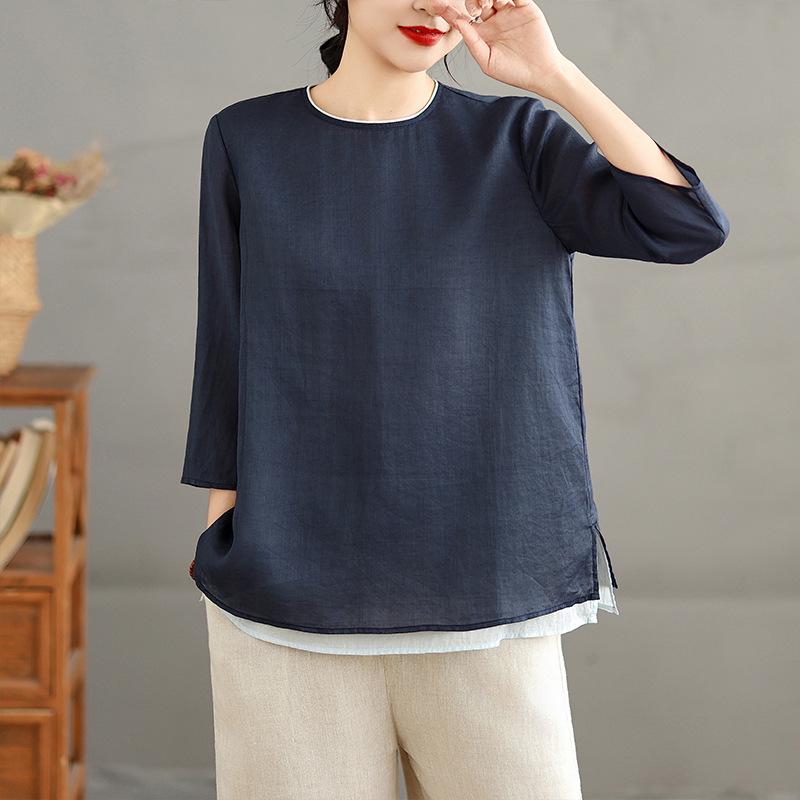 

Women s Patchwork Color Block Cotton Linen Shirt - Spring/Summer 2026 Blue Round Neck Loose Casual Top. XXL темно-синього кольору