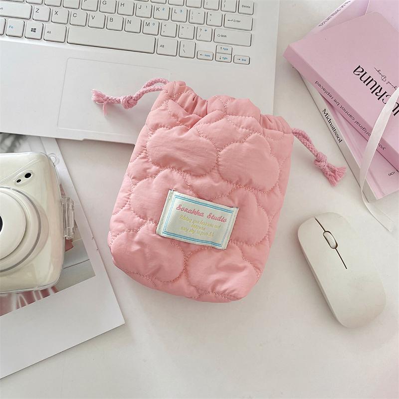 Drawstring Storage Bag For Camera Solid Color Heart Striped Organizer Candy Color Portable Travel Makeup Case