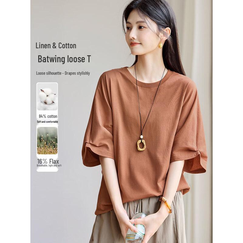 XWI Women s Loose Fit Batwing Sleeve Linen Blend T-Shirt XL