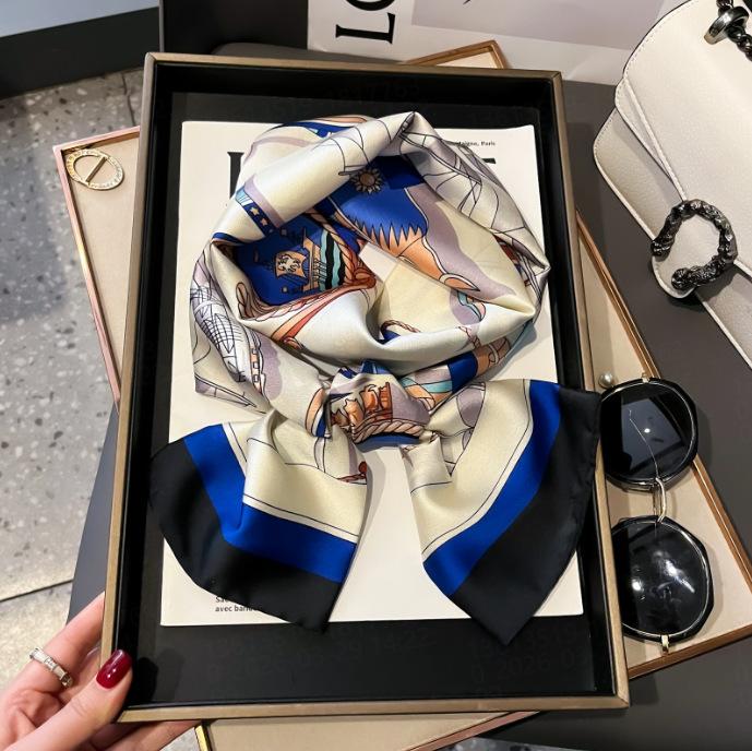 Long Silk Scarf Women's New Small Silk Scarf Printing Simulation Silk Tied Bag Streamer Explosion Sweet Little Scarf