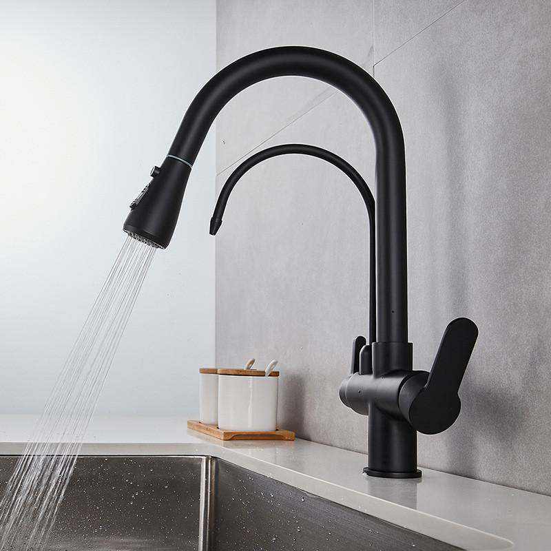 Tuqiu Black Pull Out Kitchen Faucet Water Filter Tap Brass Crane For Kitchen Deck Mounted Sink Faucet Mixer 3 Way Kitchen Faucet