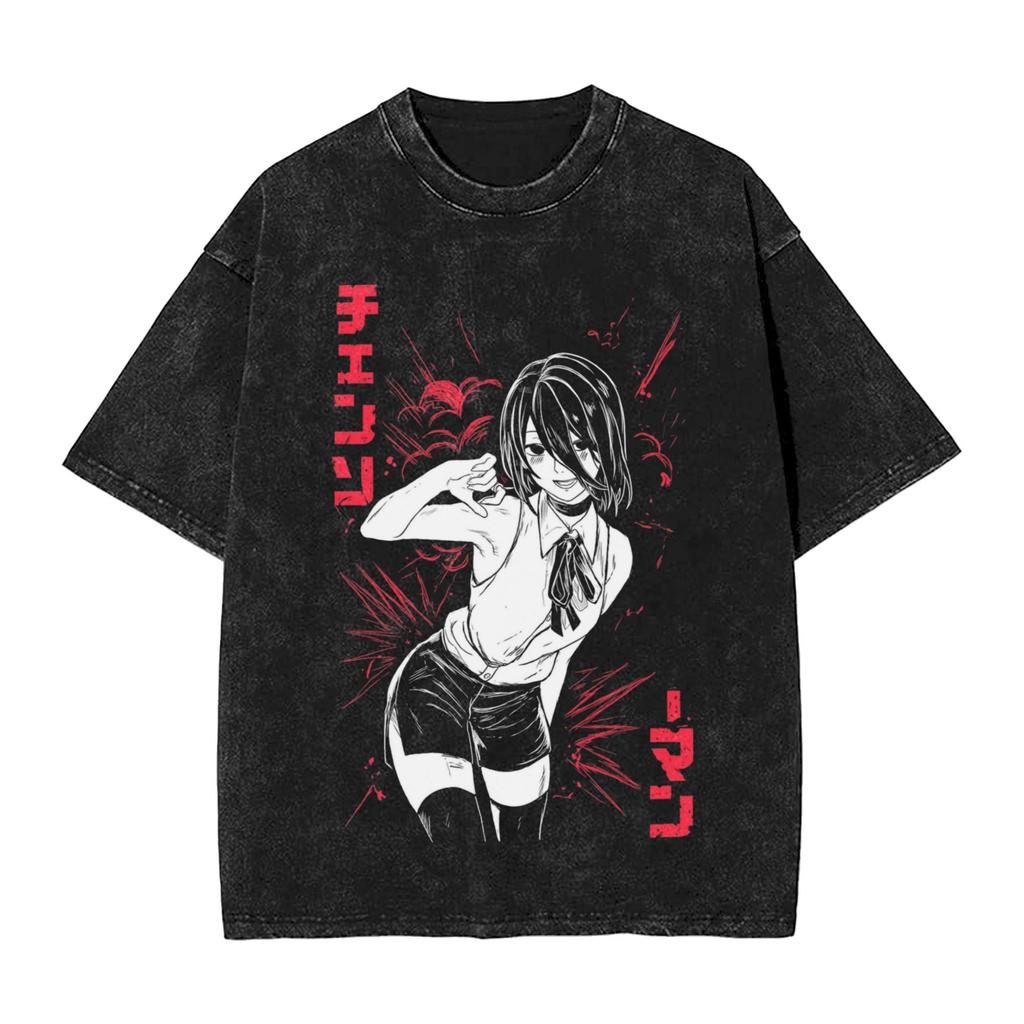 Devil Reze Anime Chainsaws Unisex T Shirt Hip Hop Washed Short Sleeve Harajuku TShirt Unisex Women Tops Streetwear Printed Tee Shirt