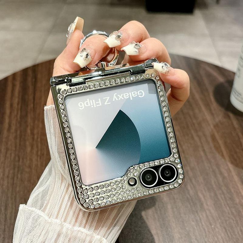 Diamond Frame 3pcs Folding Case For Samsung Galaxy Z Flip6 Flip5 Leather Shockproof Ring Holder Slim Hard PC Phone Cover